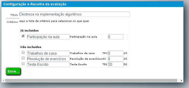 Formulário configuração avaliação em aula